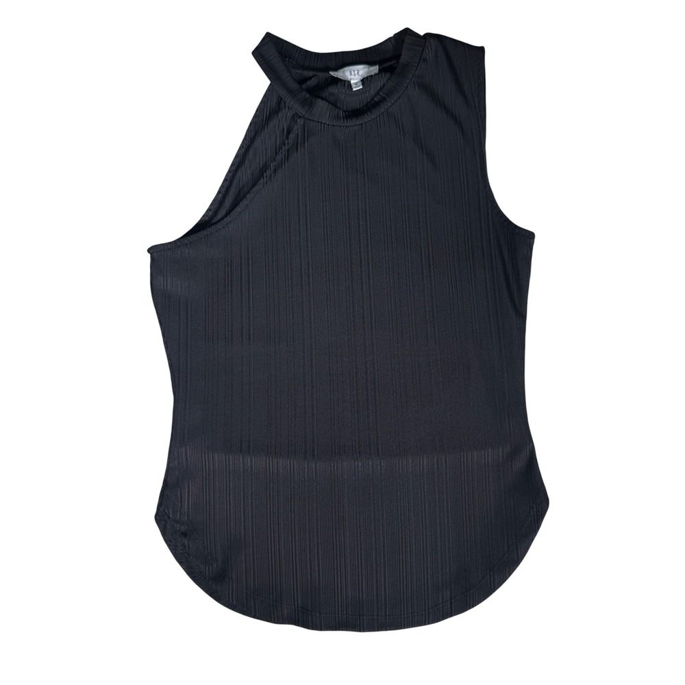 NSR Tank Top Black Plisse High Neck Sleeveless‎ Curved Hem Womens Medium